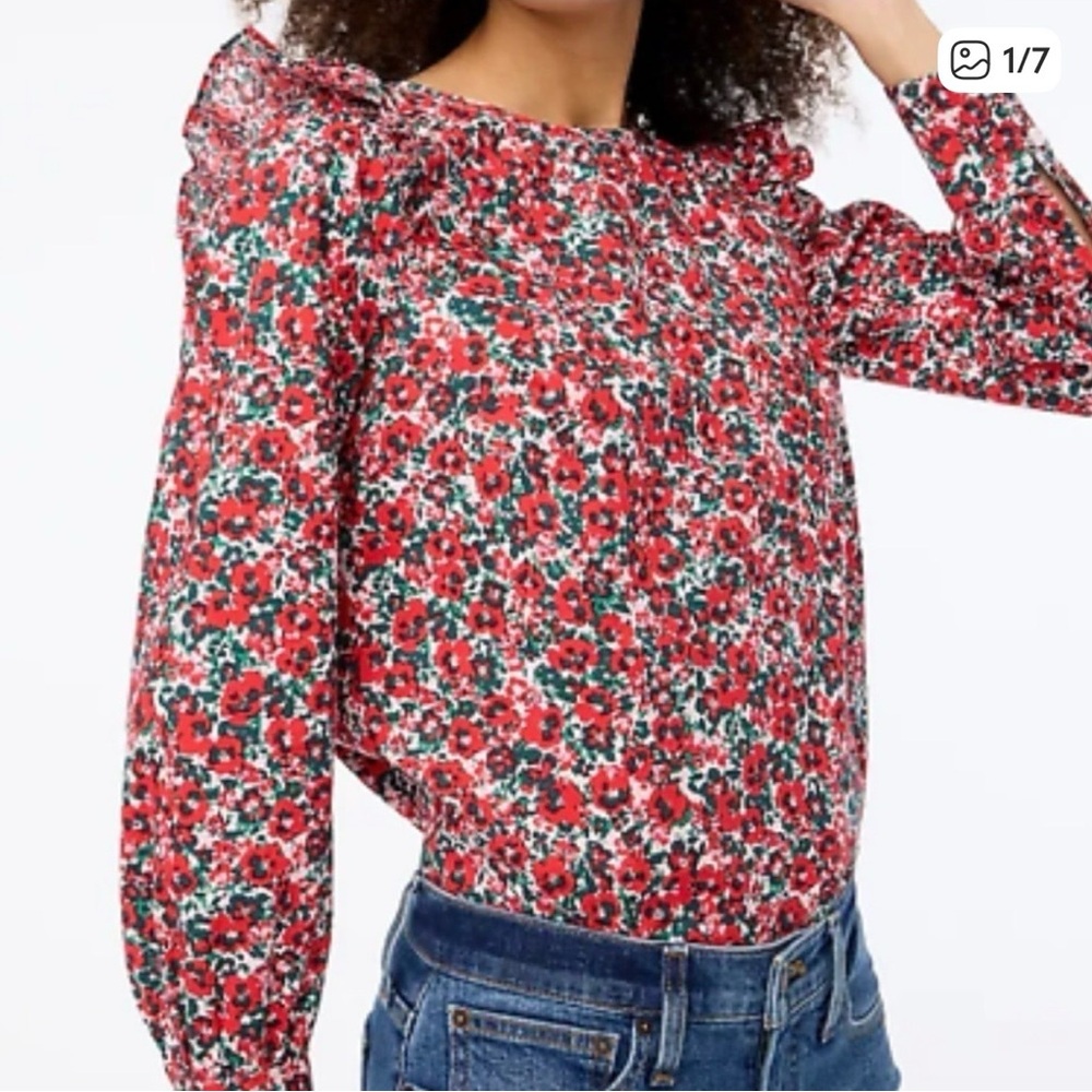 J. Crew Red Floral Long-Sleeve Smocked Yoke Blouse